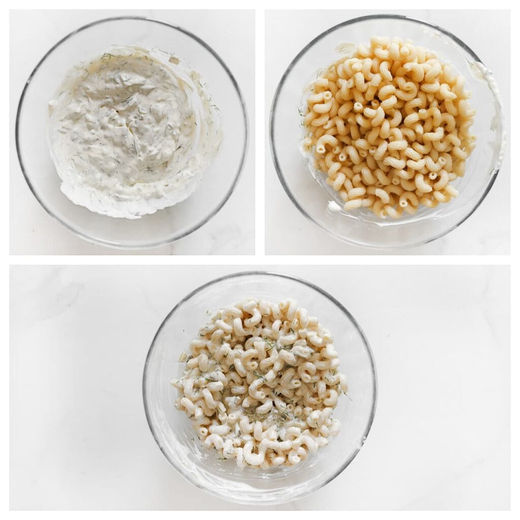 Voeg de afgekoelde pasta toe aan de saus en meng alles goed door elkaar.