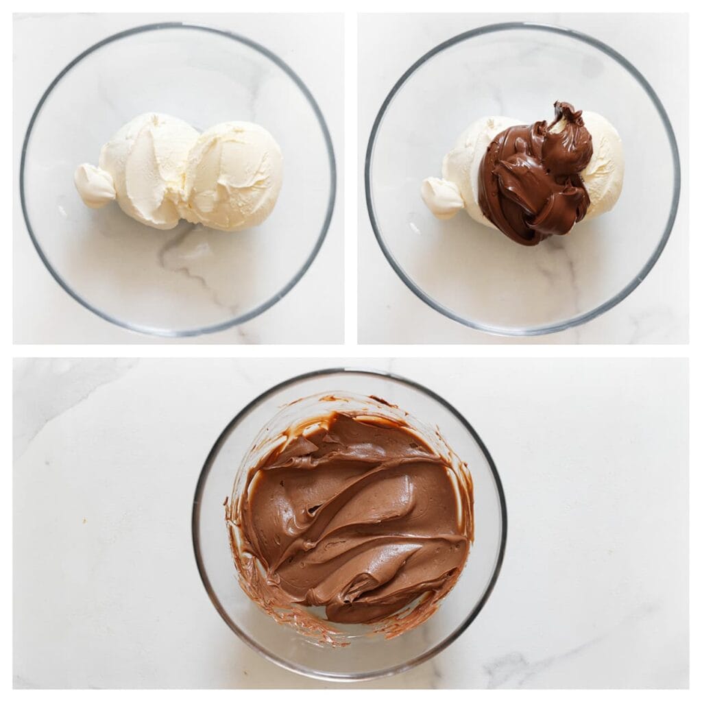 Doe de mascarpone en hazelnootpasta in een kom en mix tot een glad mengsel. Schep 100 gram eruit en zet apart.