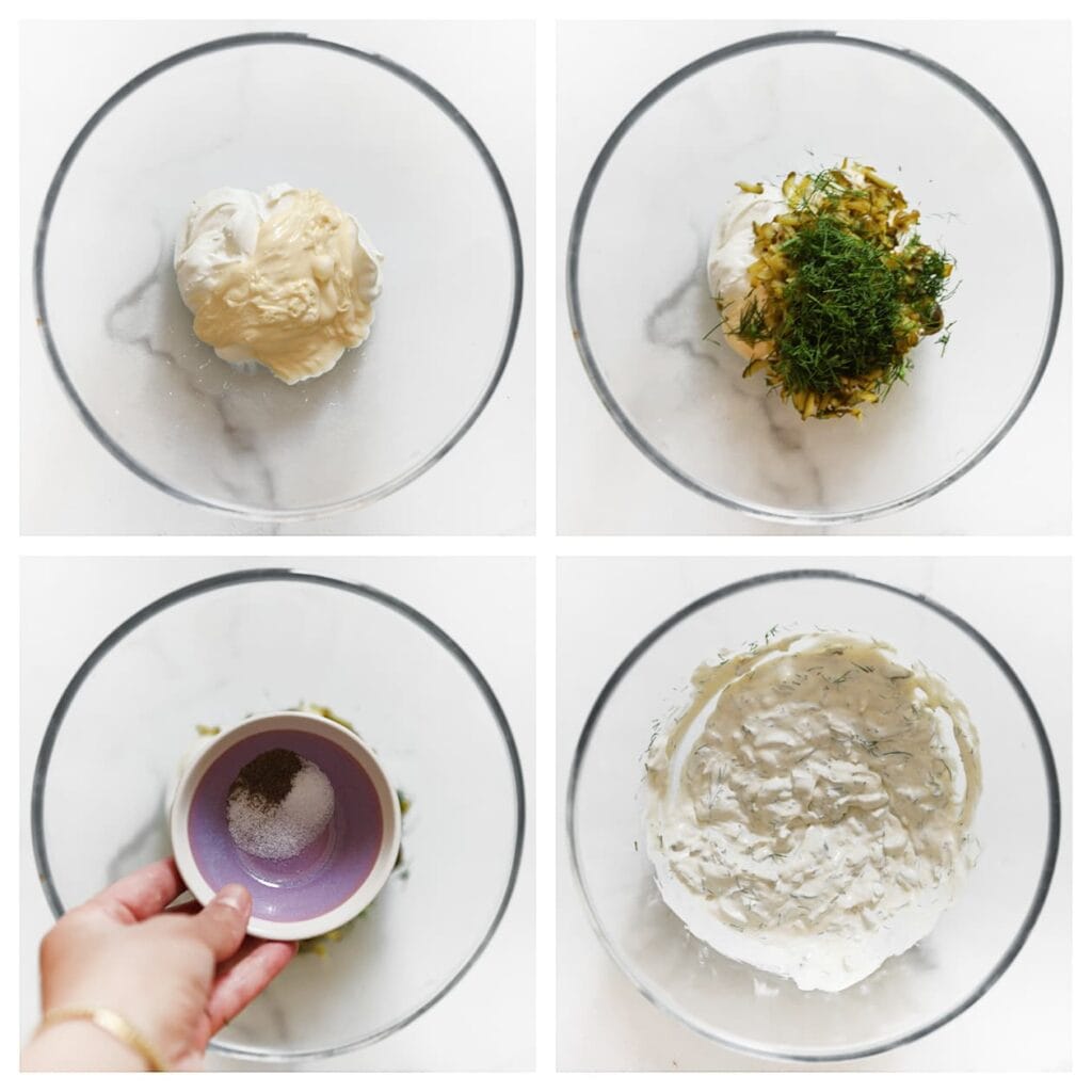 Meng in een grote kom de Griekse yoghurt, mayonaise, fijngehakte augurk, gesnipperde rode ui, gehakte dille, zwarte peper en zout naar smaak. Roer tot een gladde saus.