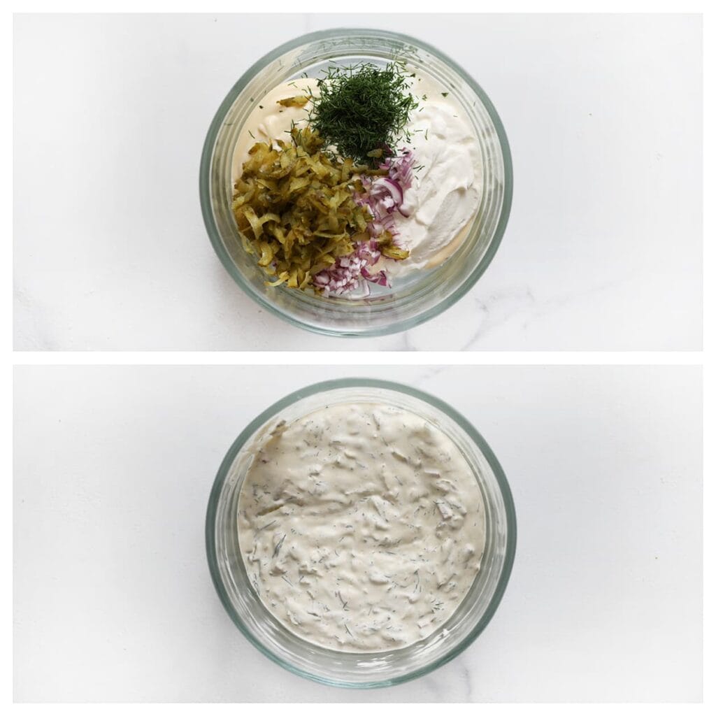 Maak de saus door de mayonaise, Griekse yoghurt, gehakte augurk, dille, rode ui en zwarte peper te mengen.