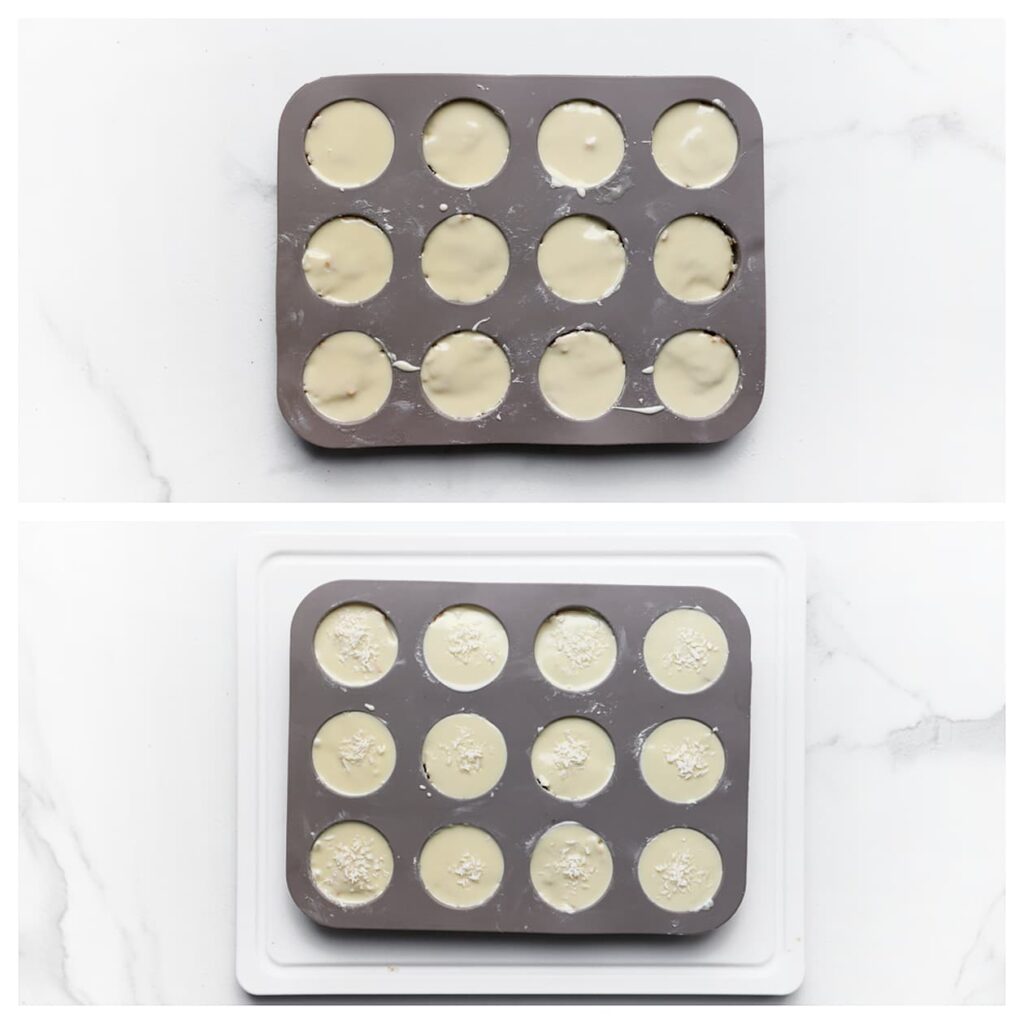 Spuit een laagje van de gesmolten chocolade bovenop elk vormpje en garneer met wat geraspte kokos. Laat de chocolade volledig uitharden.