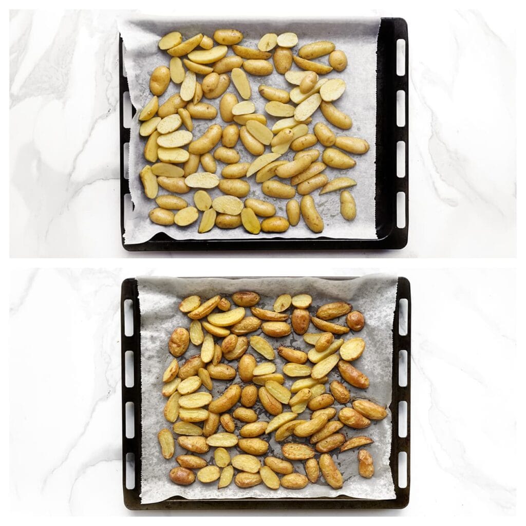 Verdeel de krieltjes over een met bakpapier beklede bakplaat. Bak ze 30 minuten in het midden van een voorverwarmde oven op 200 °C, of tot ze gaar en goudbruin zijn.