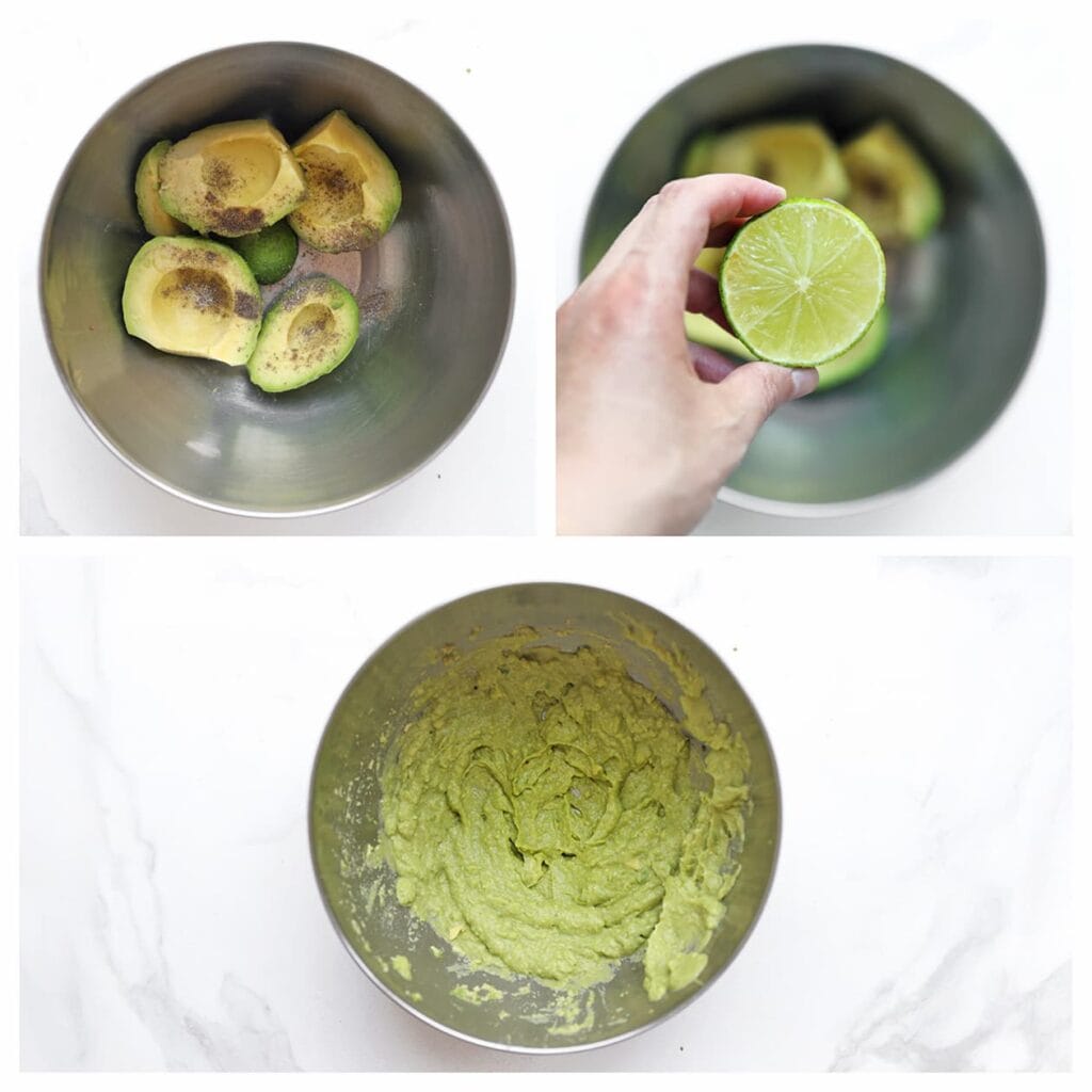 Doe de avocado, komijnpoeder, limoensap, zout en peper in een kom en prak alles tot een smeuïg mengsel.