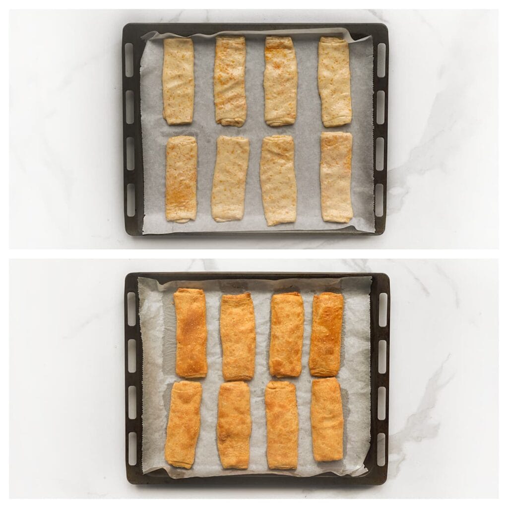 Leg de pakketjes op een met bakpapier beklede bakplaat. Bak in een voorverwarmde oven op 200 °C (boven- en onderwarmte) in 20-25 minuten goudbruin. Houd de oven in de gaten, want elke oven werkt anders.