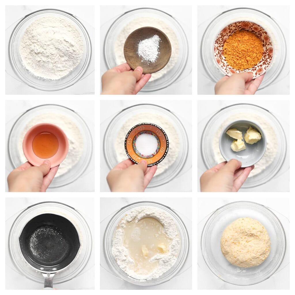 Meng de bloem, bakpoeder, het zout en de fijngemalen nacho’s in een kom. Voeg honing, roomboter en lauwwarm water toe. Kneed 10-12 minuten tot een samenhangend deeg.