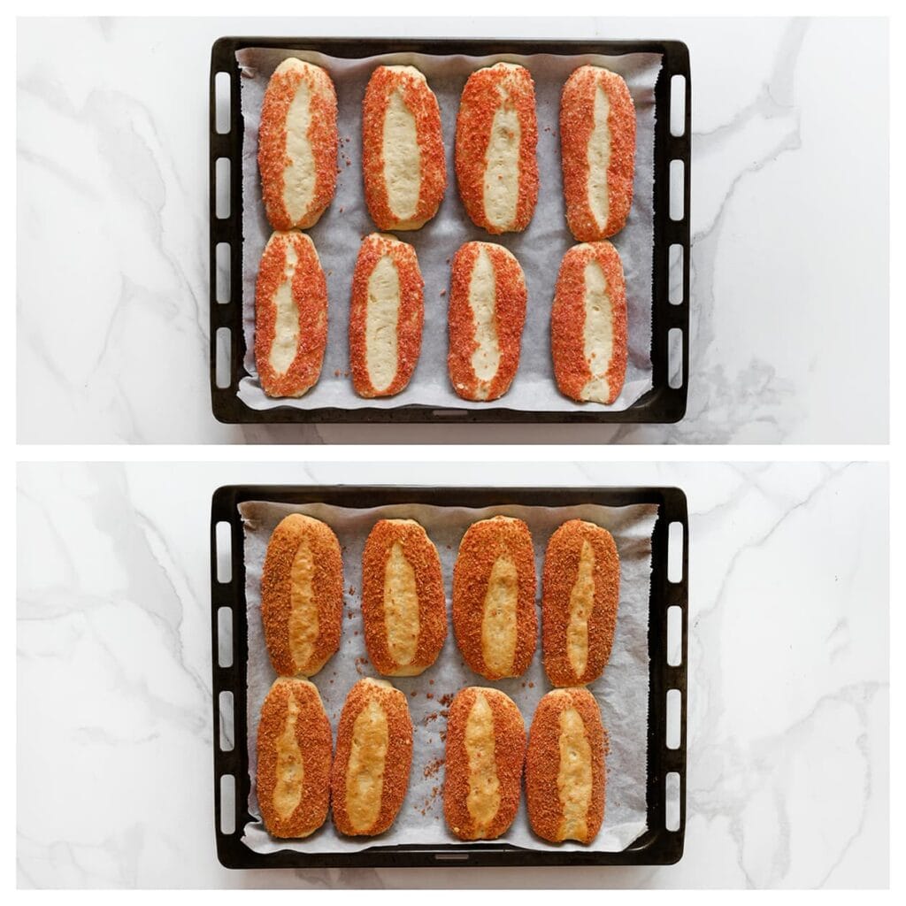 Leg op een met bakpapier beklede bakplaat. Laat 30 minuten rijzen, of tot ze in omvang zijn verdubbeld. Bak in een voorverwarmde oven op 200 °C (boven- en onderwarmte) in 12–18 minuten goudbruin. Laat iets afkoelen.