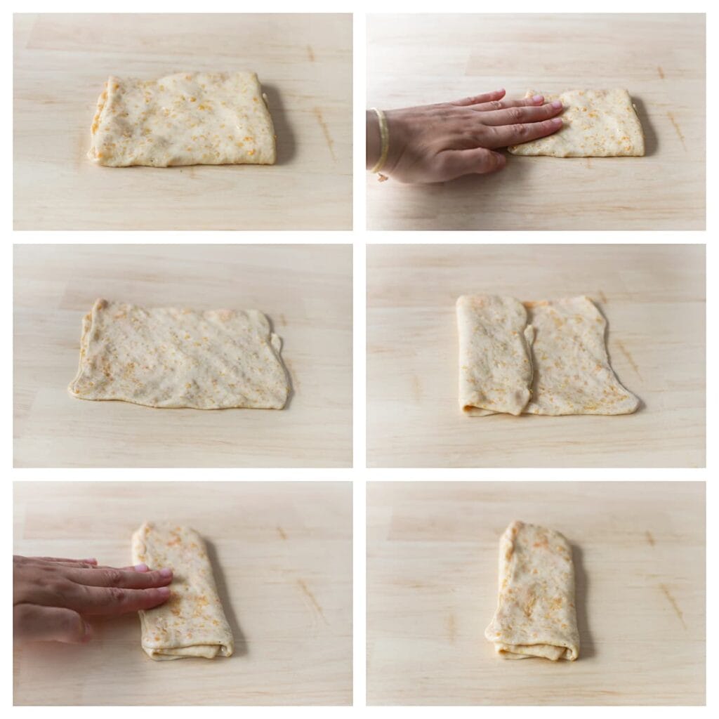 Druk lichtjes plat tot een pakket van ca. 20 cm. Vouw de rechter- en linkerkant opnieuw naar het midden tot een rechthoek.