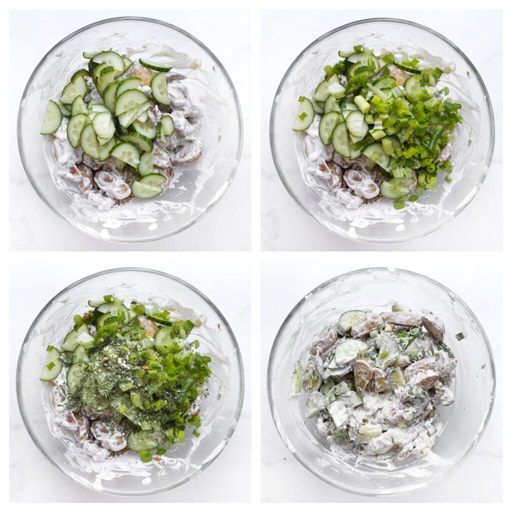 Voeg de stukjes komkommer en salade kruiden toe. Meng goed.