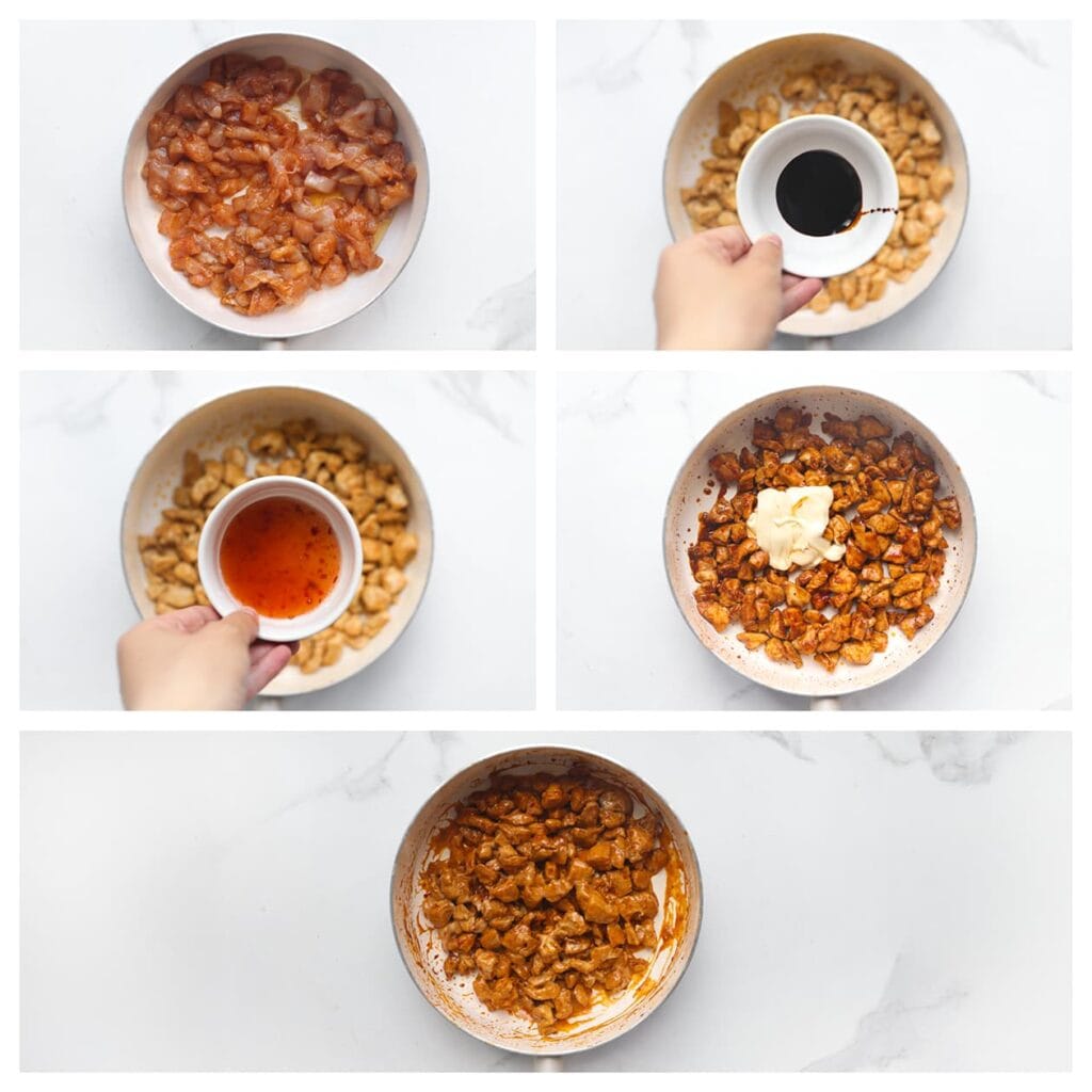 Verhit een hapjespan op middelhoog vuur. Voeg het kipmengsel toe en bak 4-5 minuten. Voeg daarna ketjap manis en hot chilisaus toe en bak nog 2-3 minuten. Zet het vuur uit en voeg de mayonaise toe. Meng tot een romig geheel.