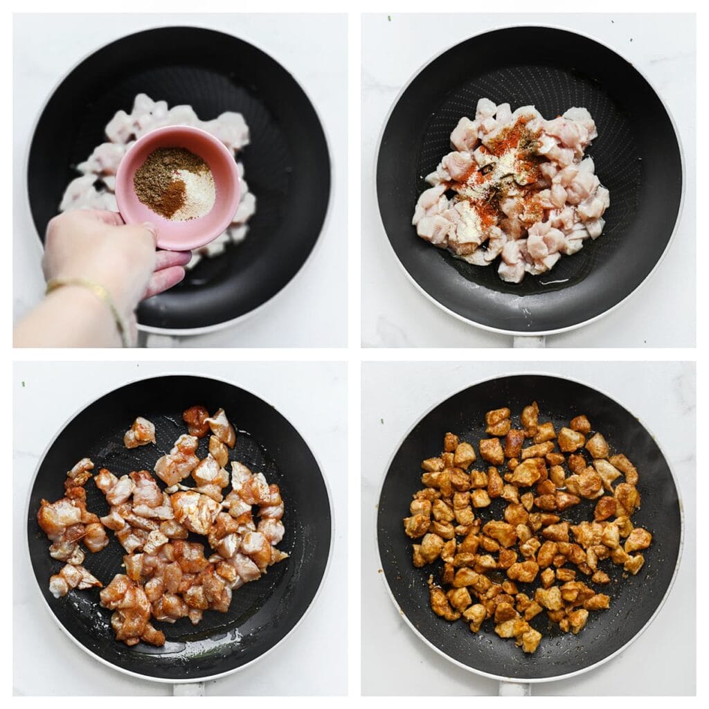 Was de kippendijen en snijd ze in blokjes. Verhit de roomboter in een koekenpan op middelhoog vuur. Voeg de kip toe samen met de gerookte paprikapoeder, cayennepeper, uienpoeder, knoflookpoeder, komijnpoeder en het zout. Bak de kip in 6–7 minuten gaar.