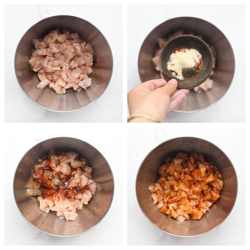 Was de kippendijen en snijd ze in blokjes. Voeg het zout, de cayennepeper, uienpoeder, knoflookpoeder, zwarte peper en olijfolie toe. Meng goed. Zet apart.