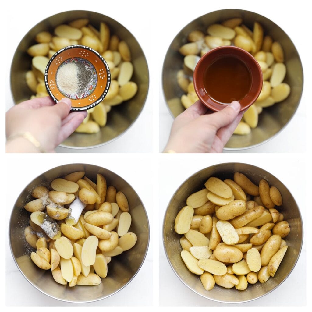 Was de krieltjes en snijd ze doormidden. Doe ze in een diepe kom en voeg het zout, de zwarte peper en olijfolie toe. Meng goed door.