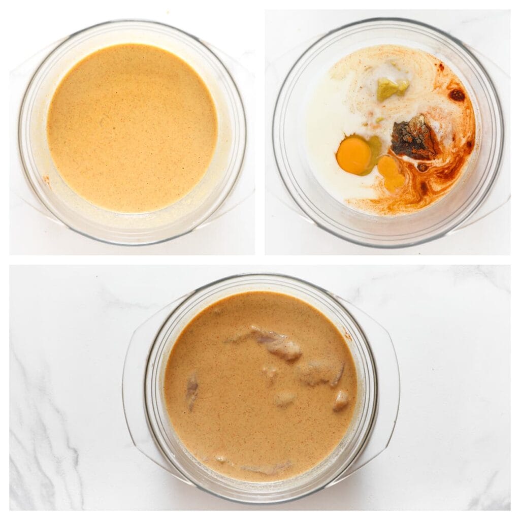 Meng in een ruime kom de mosterd, uienpoeder, zwarte peper, cayennepeper, knoflookpoeder, karnemelk, ei en het zout. Voeg de kip toe en meng goed. Laat minimaal 30 minuten marineren, het liefst een nacht in de koelkast.