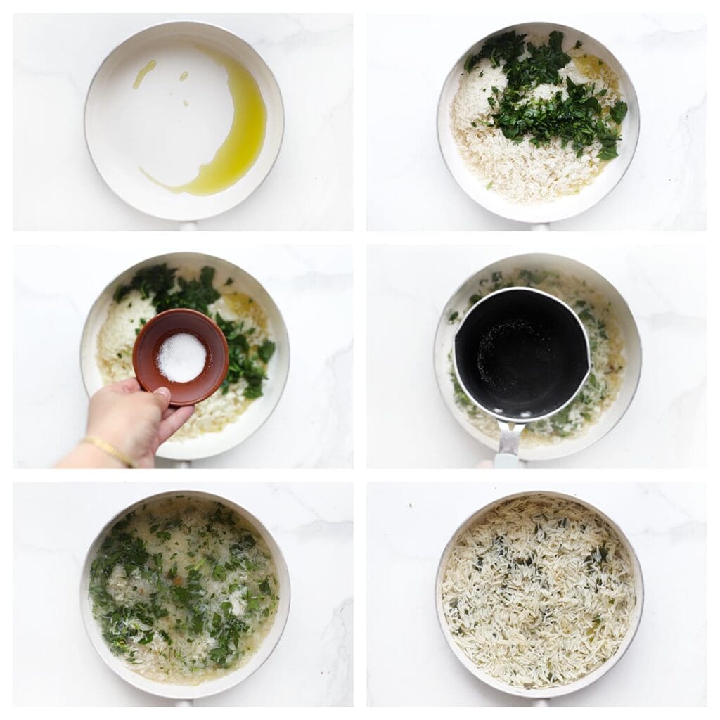 Verhit de olijfolie in een hapjespan op middelhoog vuur. Voeg de rijst, fijngehakte koriander en het zout toe. Verkruimel het bouillonblokje boven de pan en voeg het gekookte water toe. Breng aan de kook op hoog vuur. Zet zodra het kookt het vuur laag, dek af en laat 10–15 minuten zachtjes koken tot de rijst al het vocht heeft opgenomen.