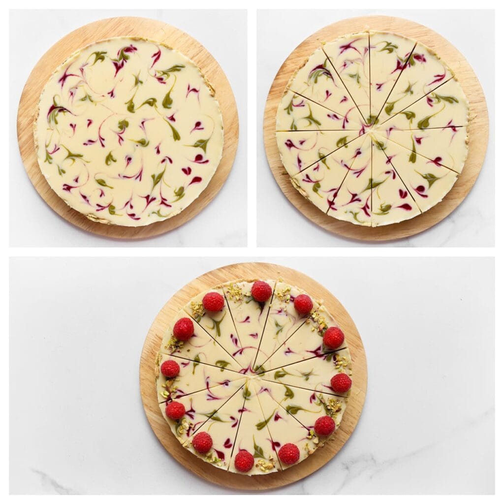 Snijd in stukken en garneer met verse frambozen en gehakte pistachenoten.