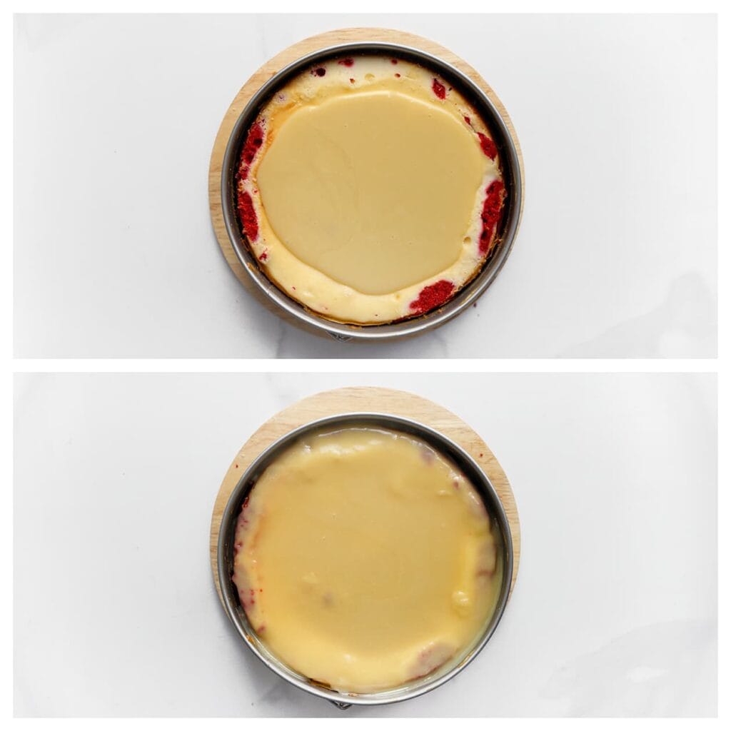 Giet de ganache over de cheesecake en laat enkele uren opstijven in de koelkast, bij voorkeur een hele nacht.