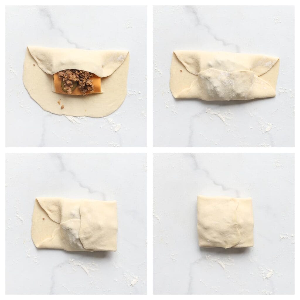 Vouw de bovenkant van het deeg over de vulling. Vouw de onderkant eroverheen zodat die de bovenflap overlapt. Vouw de zijkanten naar binnen, zodat je een strak vierkant pakketje krijgt.
