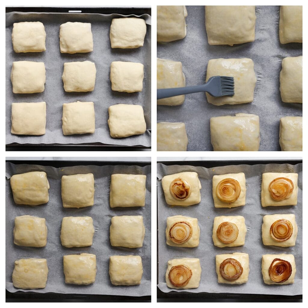 Leg de broodjes met de naad naar beneden op een met bakpapier beklede bakplaat. Bestrijk met het losgeklopte ei, verdeel de gebakken uien erover en bestrooi de randen met sesamzaad. Laat 30 minuten rijzen.