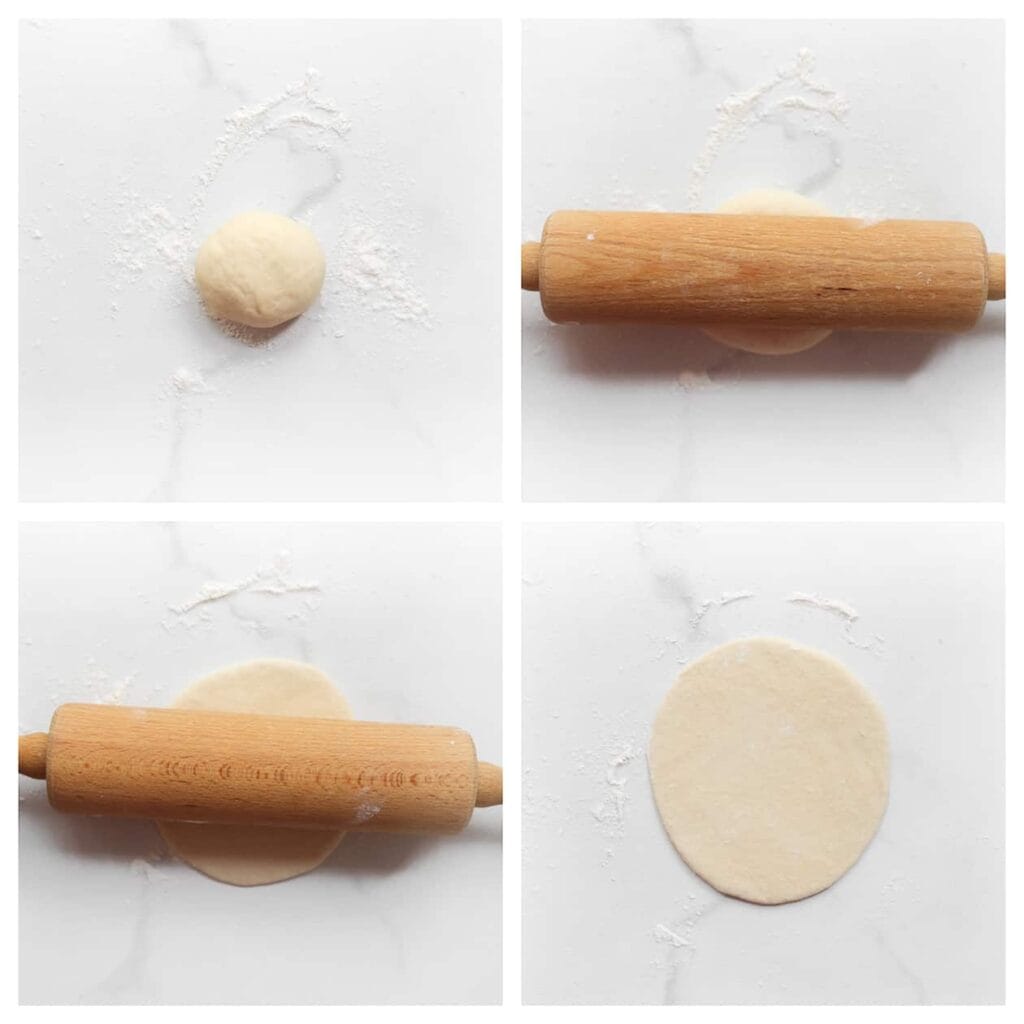 Rol een bolletje deeg op een met bloem bestoven werkvlak uit tot een platte cirkel.