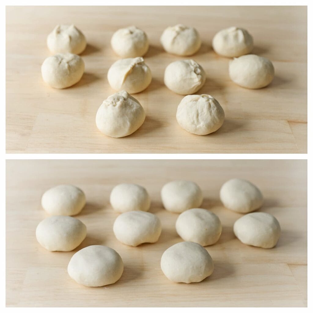 Verdeel het deeg in 10 gelijke stukken van ca. 65 g en vorm er bollen van.