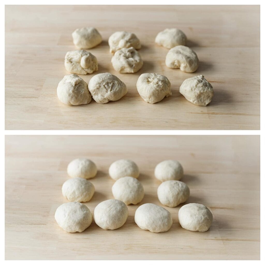 Druk de lucht uit het gerezen deeg en verdeel het in 10 gelijke stukken van ongeveer 65 g. Vorm er bollen van.