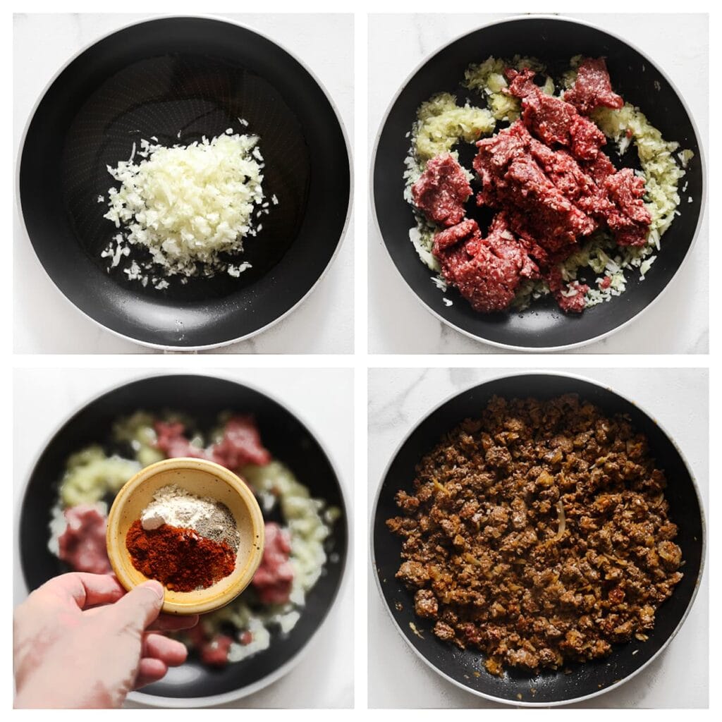 Verhit de olijfolie in een koekenpan op middelhoog vuur. Voeg de gesnipperde ui toe en bak 2–3 minuten. Voeg het gehakt, paprikapoeder, cayennepeper, zwarte peper, uienpoeder en knoflookpoeder toe. Bak 8 minuten.