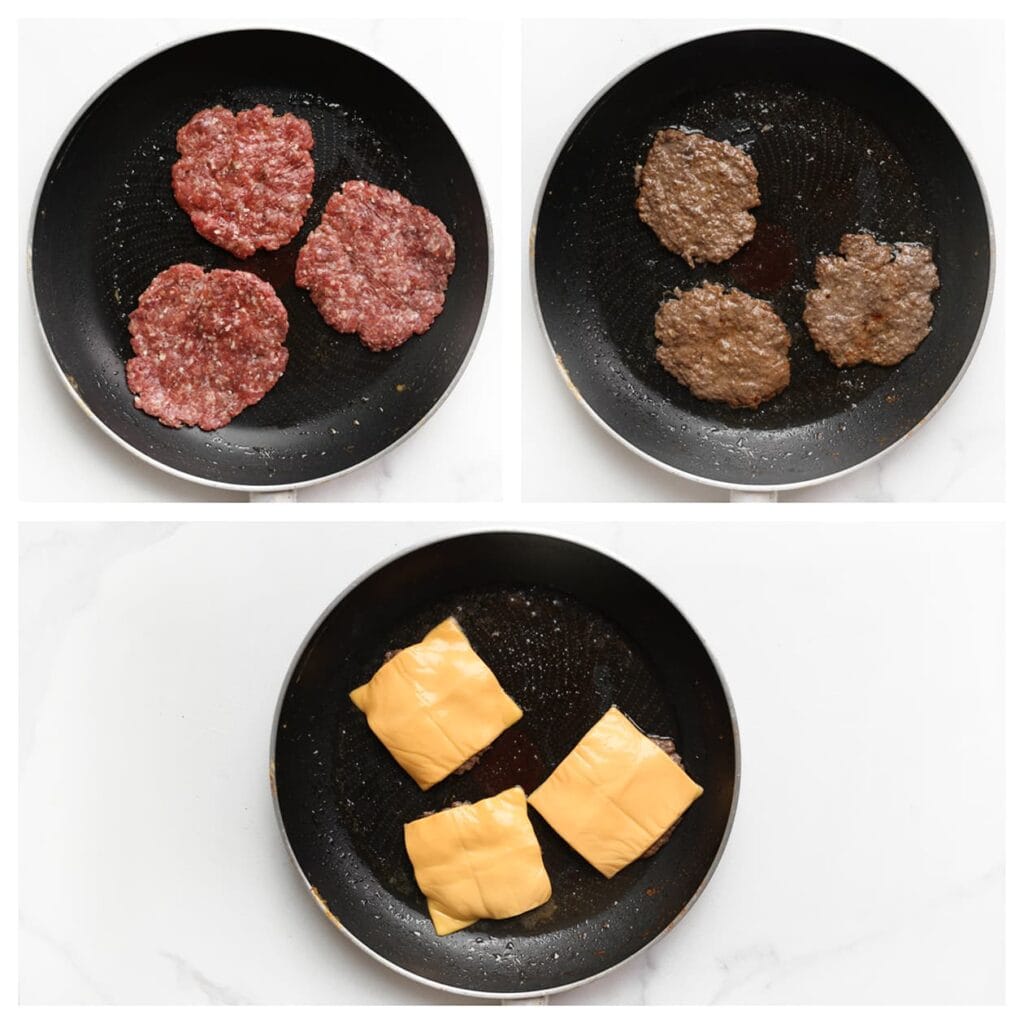 Bak de gehaktburgers in een koekenpan op middelhoog vuur voor 1 minuut aan één kant. Draai de gehaktburgers om en leg er meteen een plakje cheddar kaas erop. Bak nog 1 minuut.