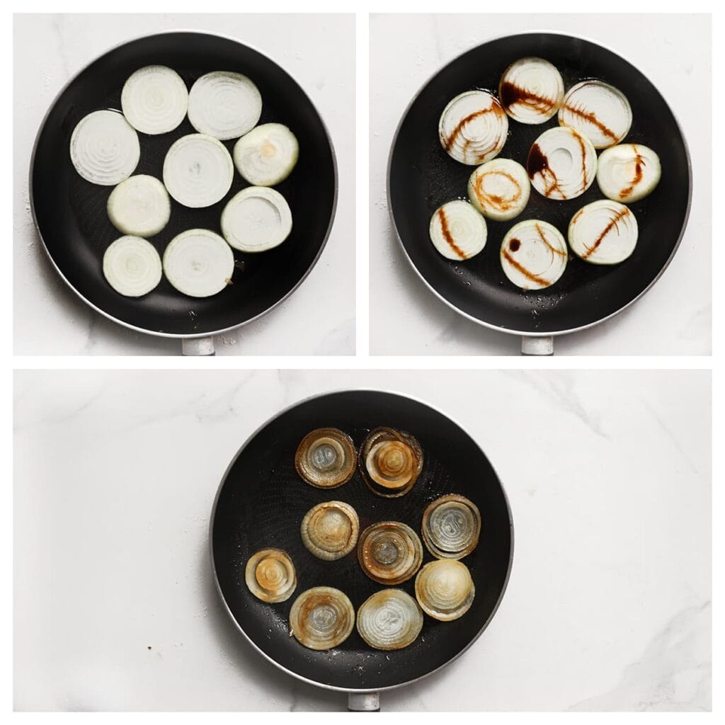 Pel en snijd de ui in plakken. Verhit de zonnebloemolie in een koekenpan en bak de ui aan beide kanten goudbruin. Voeg de ketjap manis toe en bak kort mee. Zet apart.