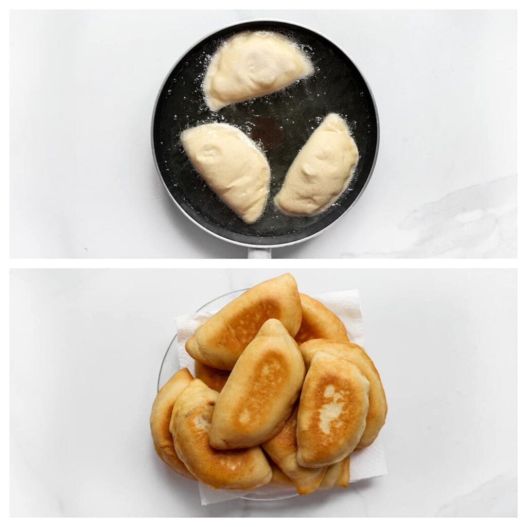 Verhit een laag zonnebloemolie (ca. 2 cm) in een koekenpan tot 175 °C. Bak de broodjes aan beide kanten goudbruin. Laat uitlekken op keukenpapier.