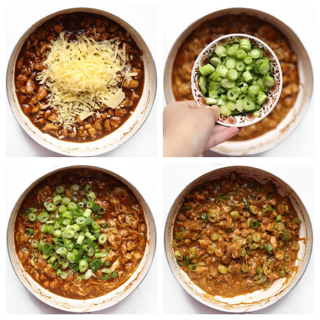 Voeg de geraspte kaas toe en roer tot deze gesmolten is. Schep de lente-ui erdoor. Laat het mengsel afkoelen.