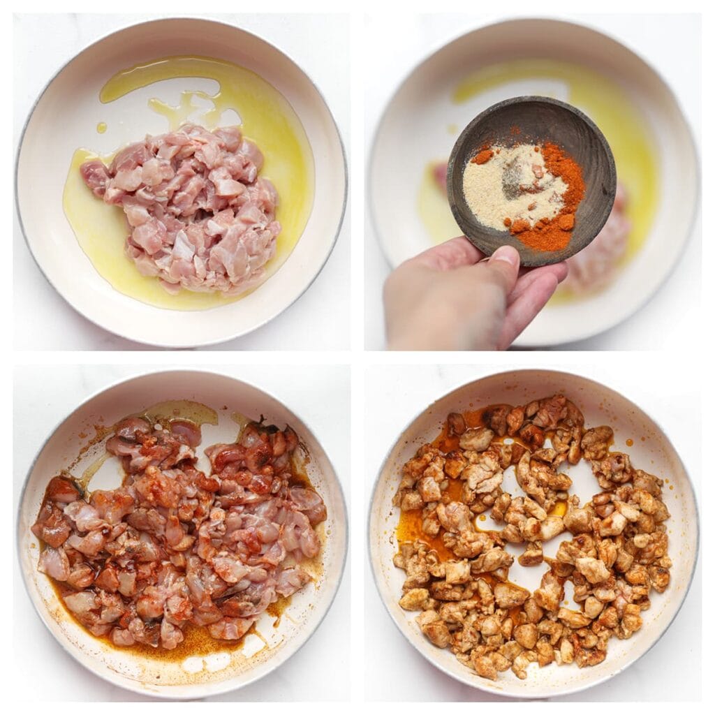 Verhit de olijfolie in een koekenpan op middelhoog vuur. Voeg de stukjes kip, cayennepeper, zwarte peper, uienpoeder en knoflookpoeder toe. Bak 5–6 minuten.