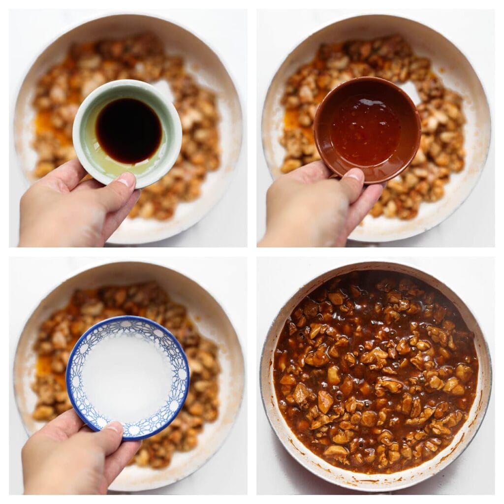 Voeg de sojasaus, ketjap manis, sweet chilisaus en het maïzenamengsel toe aan de kip. Laat 5 minuten koken.