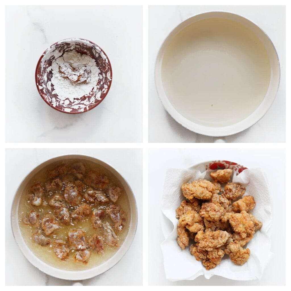 Haal de kipstukjes vlak voor het bakken nogmaals door wat maïzena. Verhit een laagje zonnebloemolie in een koekenpan op middelhoog vuur (170 ℃). Bak de kip goudbruin en laat uitlekken op keukenpapier.