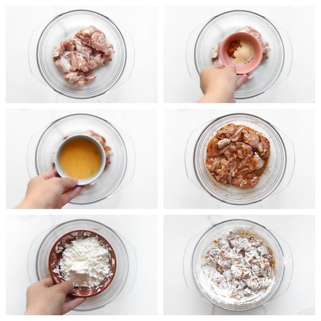 Was en snijd de kippendijen in stukjes. Doe ze in een kom en voeg het zout, knoflookpoeder, uienpoeder, de zwarte peper, cayennepeper en het geklutste ei toe. Meng goed. Voeg daarna de maïzena toe en meng tot een geheel. Zet apart.