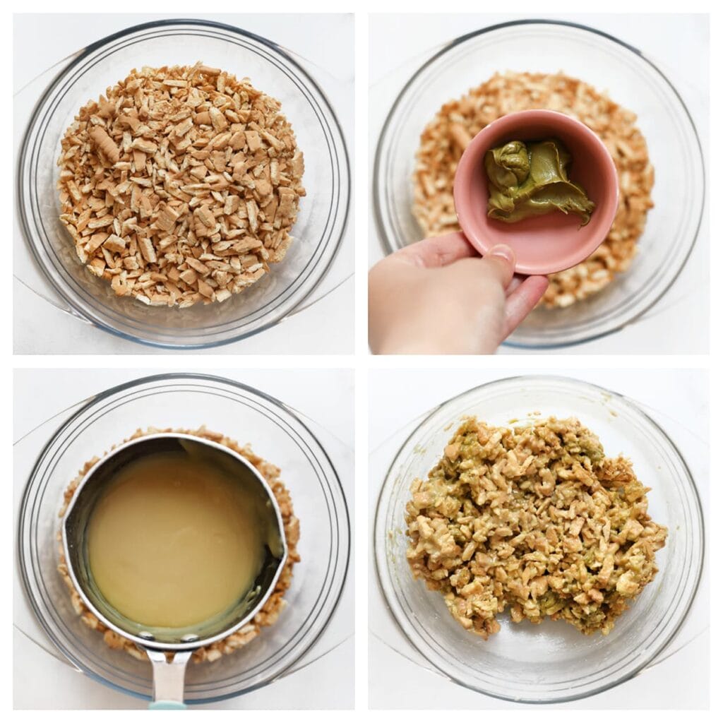 Verkruimel de koekjes en doe ze in een kom. Voeg de chocoladeganache en pistachepasta toe en meng tot een geheel.