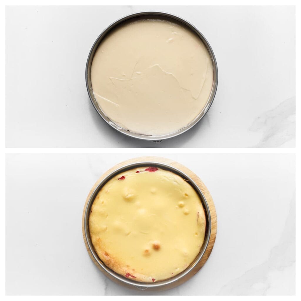 Verwarm de oven voor op 125 °C (boven- en onderwarmte). Bak de cheesecake 55-65 minuten, tot de randen stevig zijn en het midden nog een beetje wiebelt. Zet de oven uit en laat de cheesecake 1 uur in de oven afkoelen om scheuren te voorkomen.