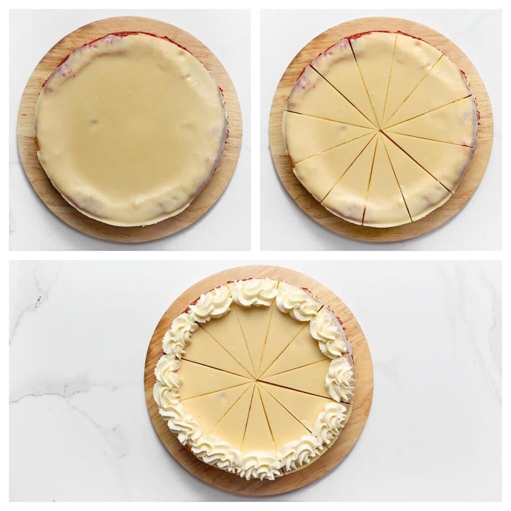 Snijd de cheesecake in punten. Garneer met toefjes slagroom, chocolate chip cookies en eventueel wat red velvet kruimels.