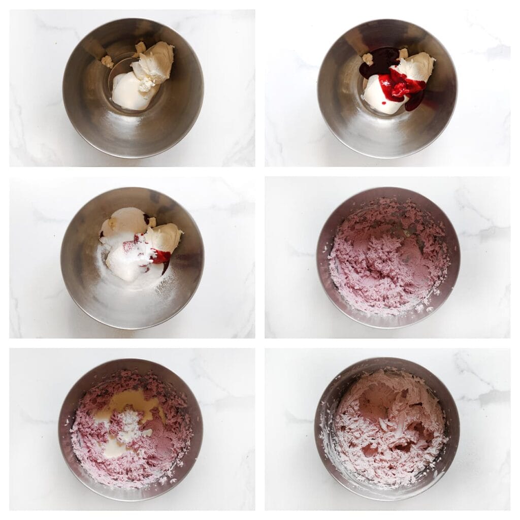 Doe de mascarpone, frambozensiroop (50 g), klopfix, poedersuiker en vanillesuiker in een kom. Mix 1 minuut. Voeg geleidelijk de slagroom (250 ml) toe en klop tot de room stevig is.