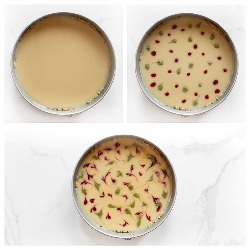 Giet de ganache over de roomlaag. Spuit er wat dotjes frambozensiroop en pistachepasta op en maak met een tandenstoker een mooi patroon. Dek de cheesecake af en laat minimaal 6 uur opstijven in de koelkast, liefst een nacht.