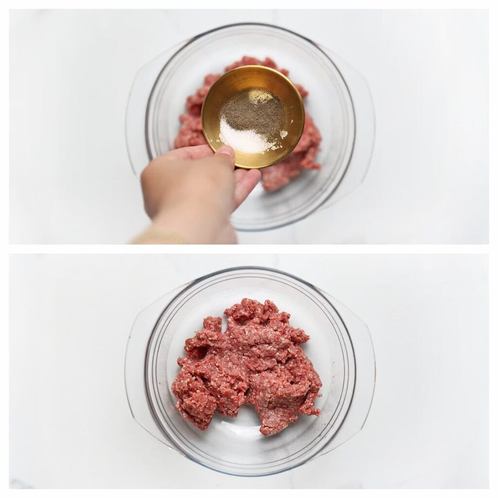 Doe het gehakt in een diepe kom. Voeg het zout en de zwarte peper toe. Meng goed.