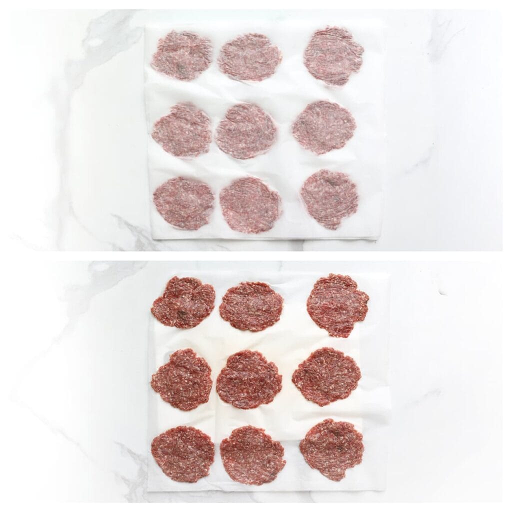 Neem een portie gehakt en vorm deze plat met je handen. Leg de gehaktburgers op een vel bakpapier met daarover nog een vel bakpapier en herhaal dit proces zodat ze goed plat worden.