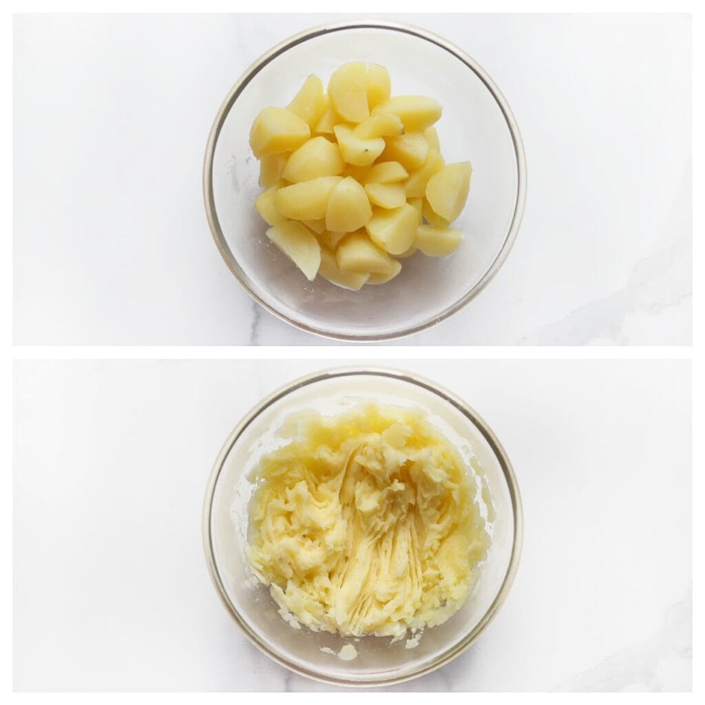 Stamp de aardappels fijn in een diepe kom.