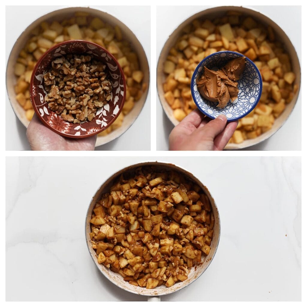 Voeg de walnoten en 75 g Biscoff-pasta toe en roer goed door.