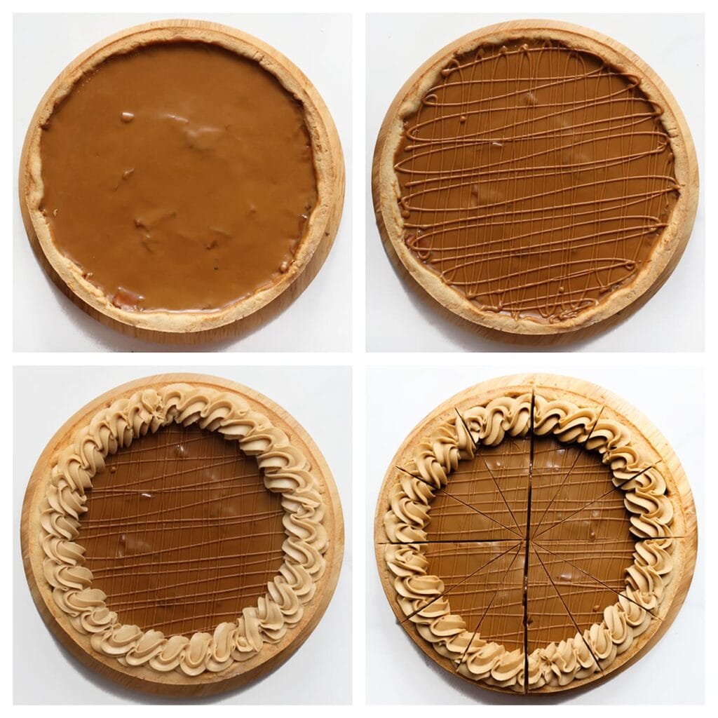 Optioneel: trek dunne lijntjes van gesmolten Biscoff-pasta over de bovenkant. Spuit toefjes room langs de rand van de taart. Snijd de taart in mooie puntjes en serveer.