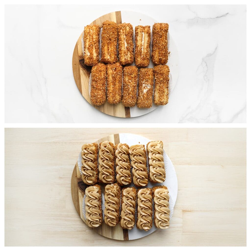 Spuit bovenop een langwerpige toef slagroom en garneer met stukjes aardbei en biscoff koek. Zet de gebakjes afgedekt in de koelkast en laat opstijven, bij voorkeur een nachtje, voor de perfecte textuur.