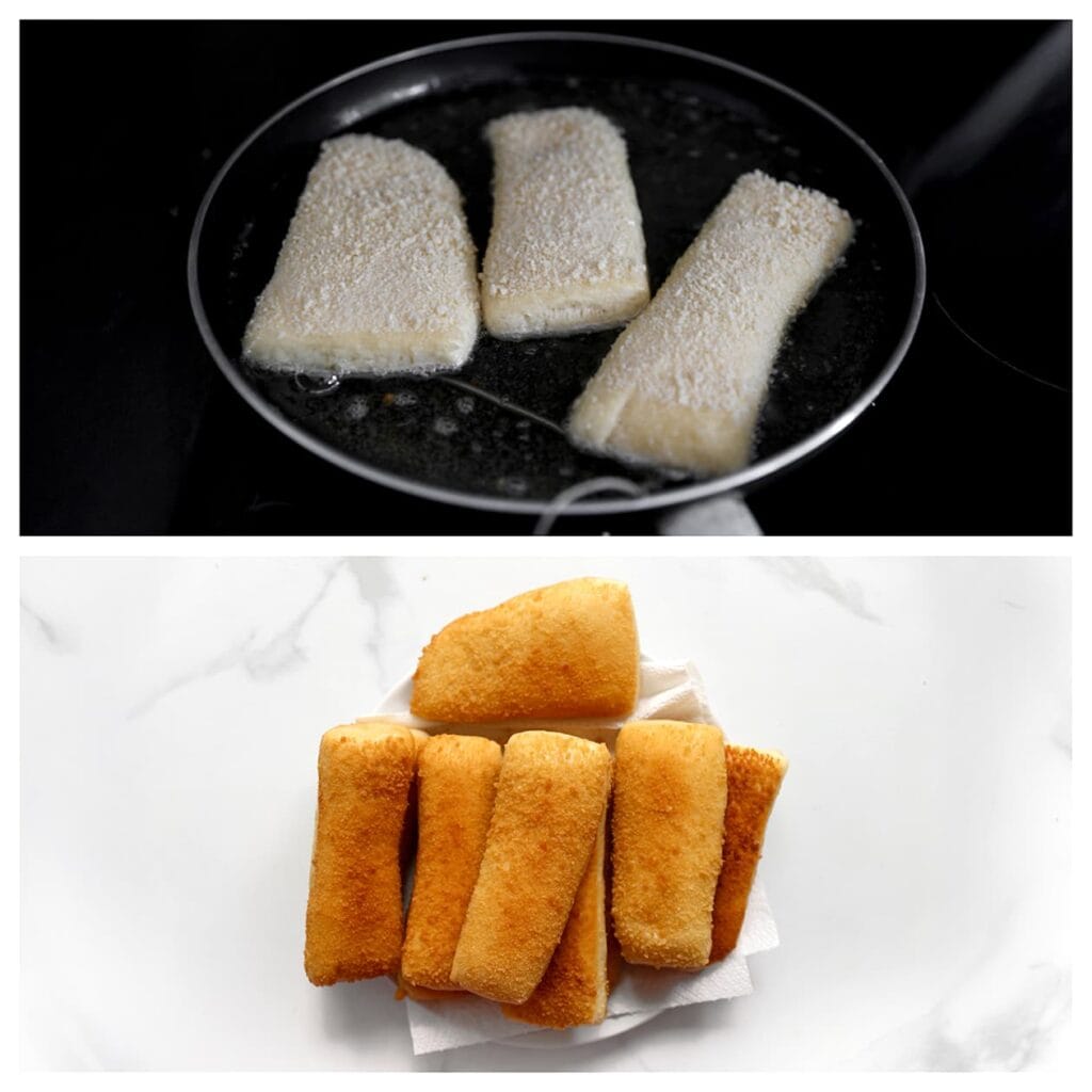 Verhit een koekenpan met een laagje zonnebloemolie tot 175 °C. Bak de broodjes aan beide kanten goudbruin. Laat uitlekken op keukenpapier.