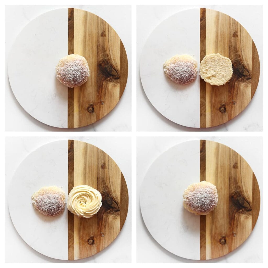 Snijd de broodjes horizontaal open en spuit er een laag room op.