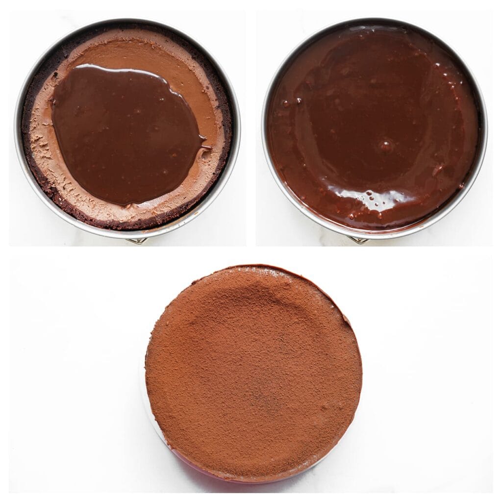 Giet de ganache over de cheesecake. Bestuif met cacaopoeder.