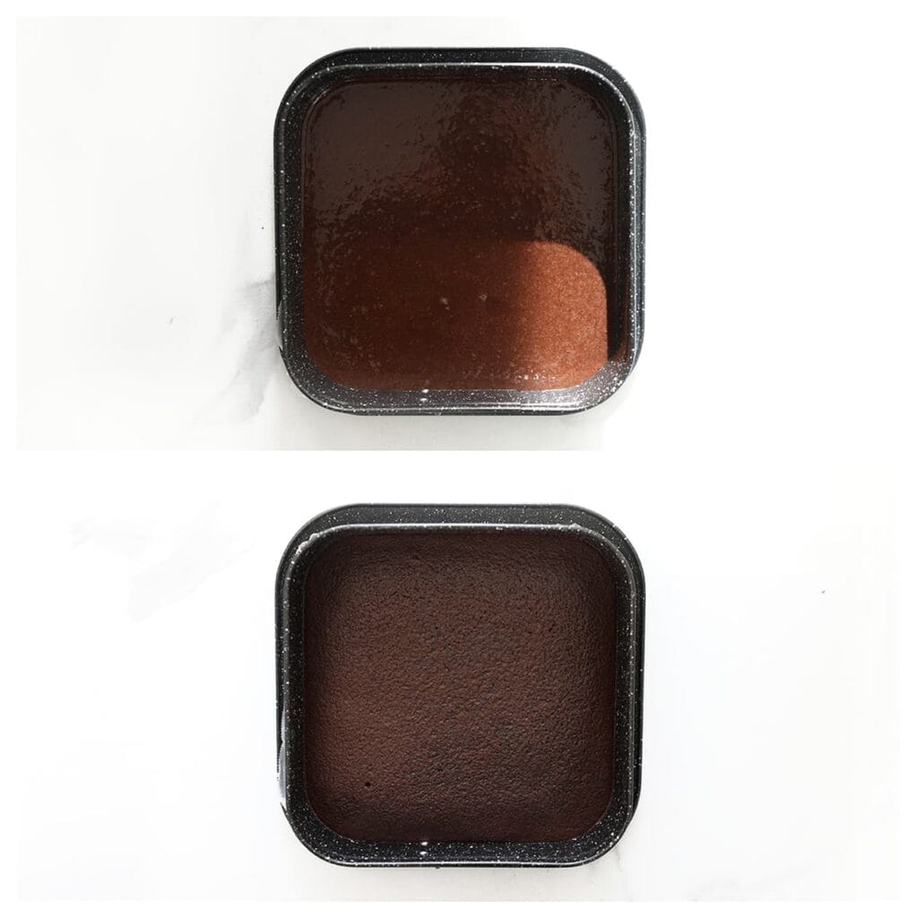 Giet het beslag in een ingevette bakvorm (met bakpapier op de bodem). Bak de chocoladecake in een voorverwarmde oven op 175 °C in 28–30 minuten, of tot hij gaar is.