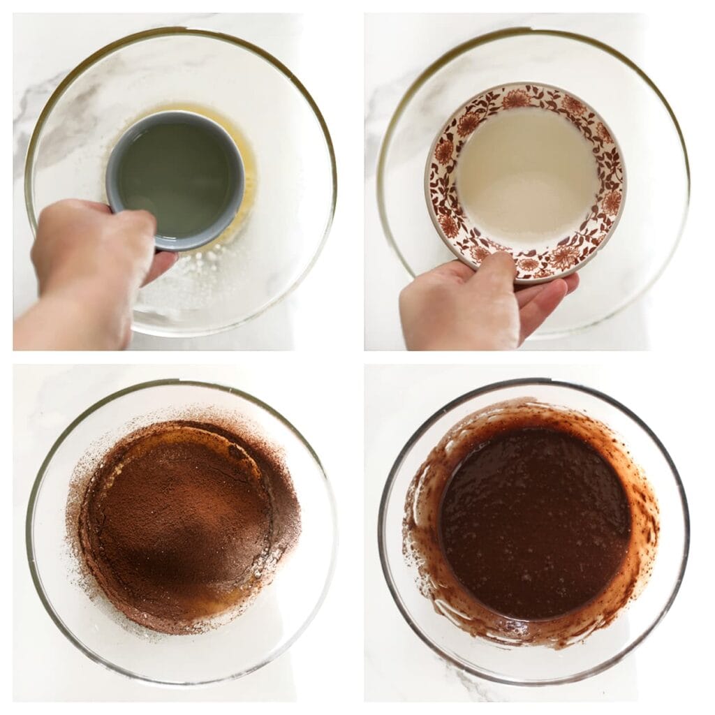 Voeg de zonnebloemolie en melk toe en mix kort door. Zeef de bloem, het cacaopoeder en bakpoeder erboven en mix tot een glad beslag.